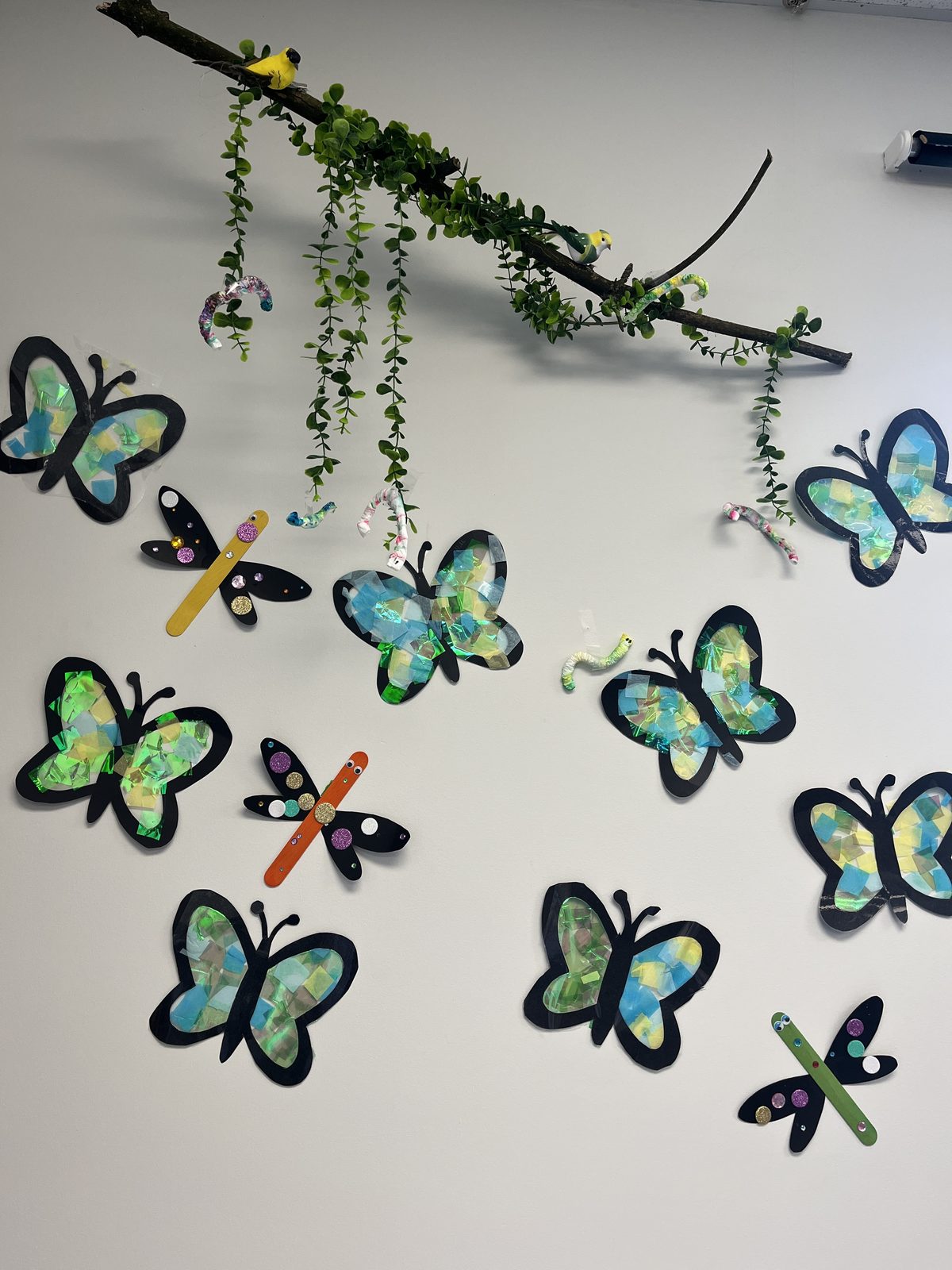 A wall display of tissue-paper butterflies and dragonflies made by children
